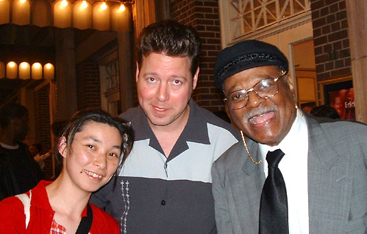 Tomo Tanaka, Ron Sunshine, and jazz legend Clark Terry outside of Town Hall in NYC (May 2002); Credit: Michael Case Kissel